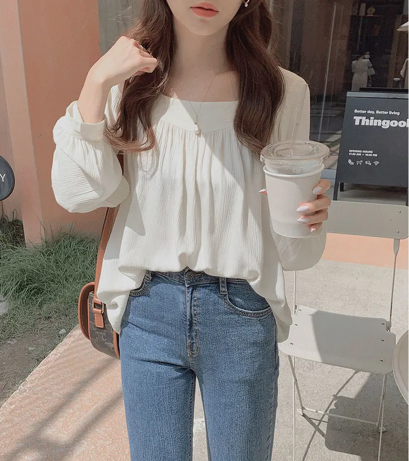 

Шелковая женская рубашка, повседневные блузки с пышными рукавами, свободный женский топ в Корейском стиле, шифоновые уличные рубашки, пулов...