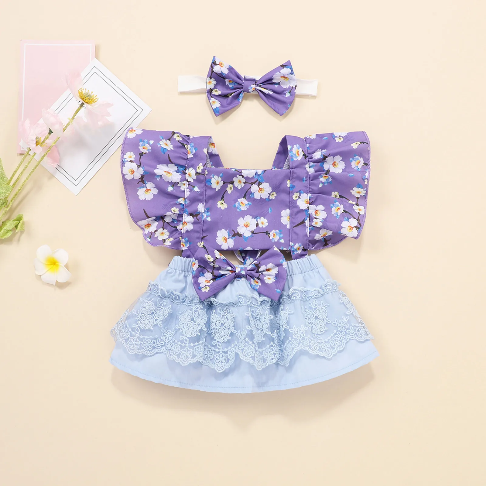 

Infant Girls Fly Sleeve Bowknot Floral Prints Tulle Backless Romper Newborn Bodysuits With Headbands Outfits Girl Summer Outfits