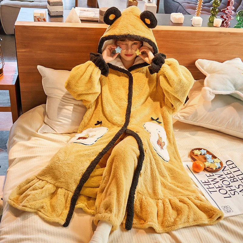 FUNISHI Inspissate Coral Fleece Cartoon Nightdress Winter Pajamas Loose Version Hooded Women Sleepwear Plus Size Pajama Set