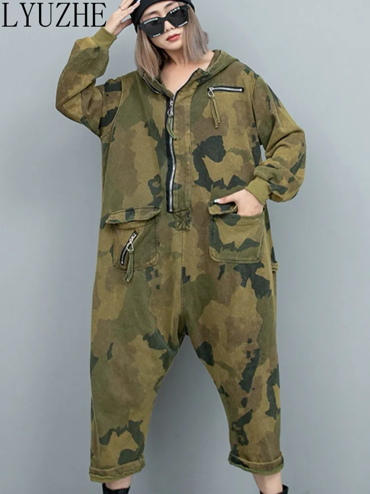 

LYUZHE Fashionable Personalized Vintage Camouflage Long Sleeved Hooded Jumpsuit Women 2023 Autumn Winter Loose Zippered ZXF729A