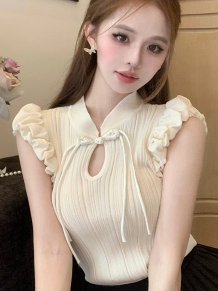 Темпераментные элегантные рубашки без рукавов с полой пряжкой в стиле ретро для