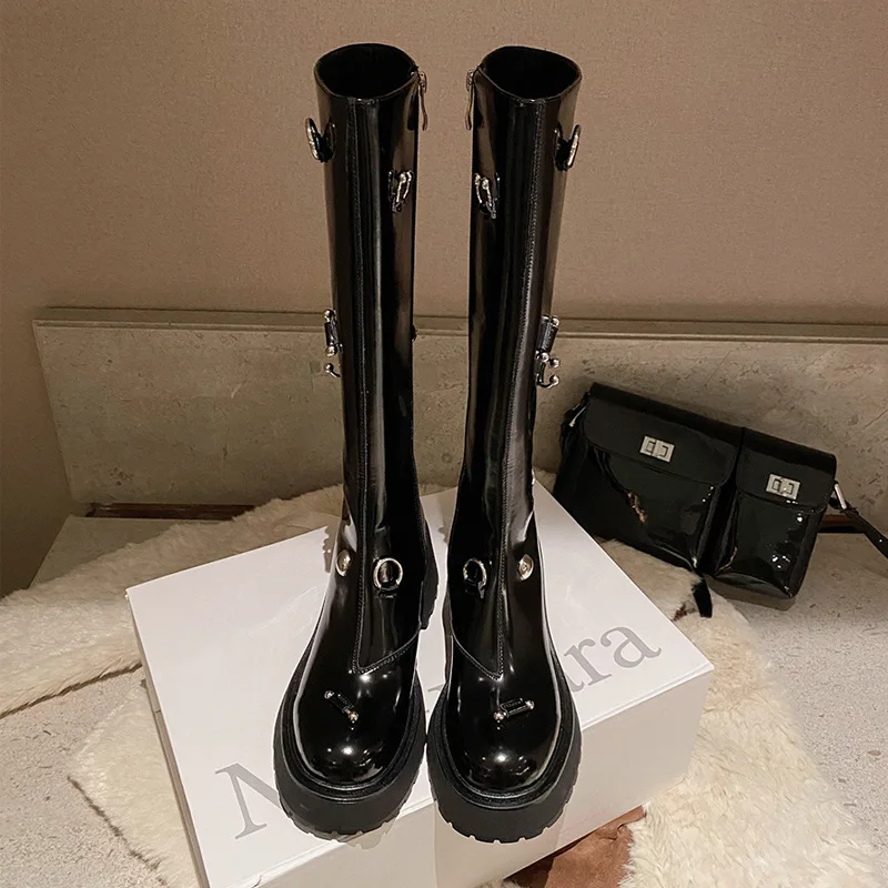 Women Knight Boots Autumn Personality Side Zip Thick Bottom Leather Boots Casual Waterproof Non-slip Shoes Botas De Mujer Largas