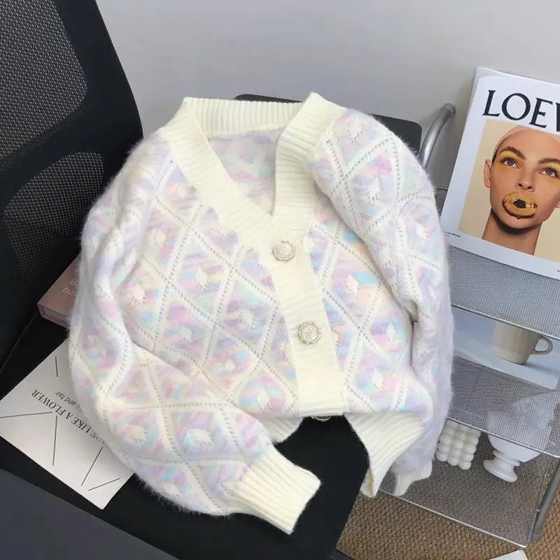 

Укороченный кардиган, свитер, женский весенне-осенний винтажный свободный кардиган с узором ромбиками на пуговицах, короткий вязаный кардиган, пальто, женская трикотажная одежда, 2023