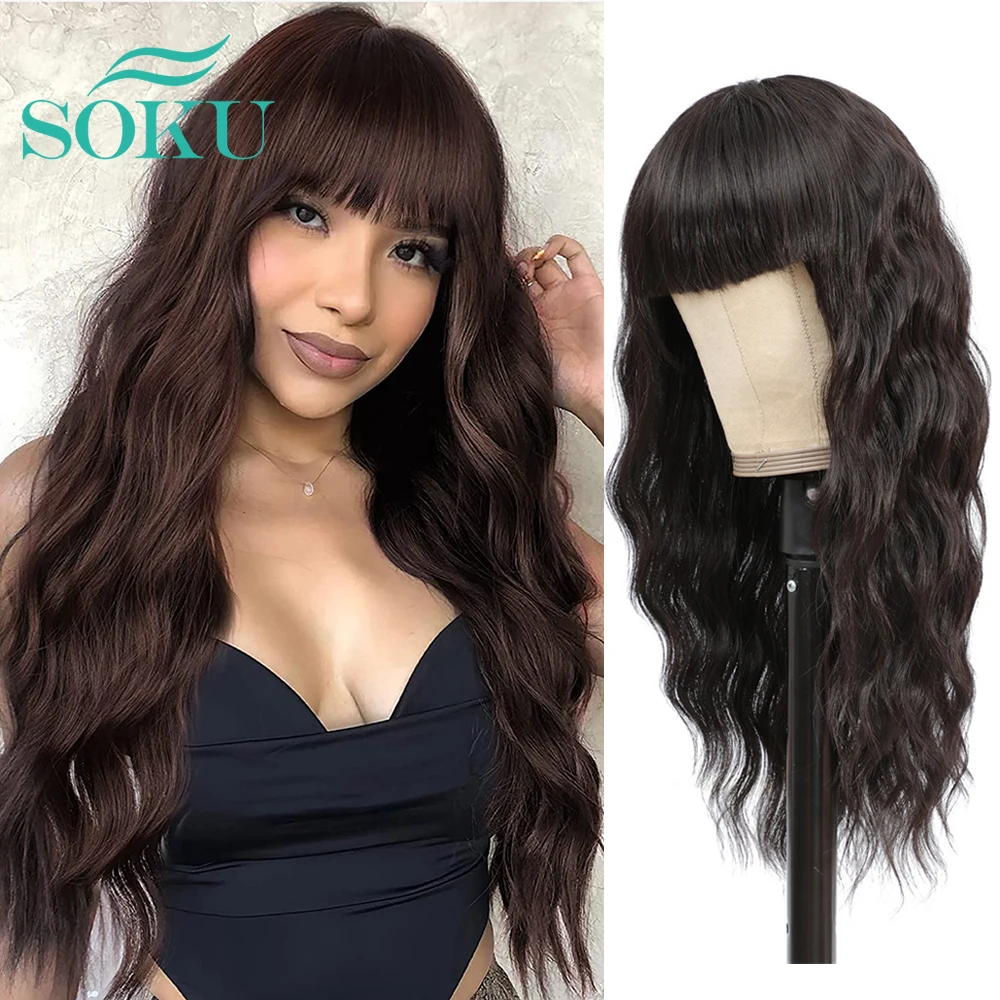 

Парик SOKU из натуральных волн с челкой, синтетические волосы, темно-коричневый для белых женщин, 20 дюймов, термостойкий парик с глубокими волнами для повседневного Косплея