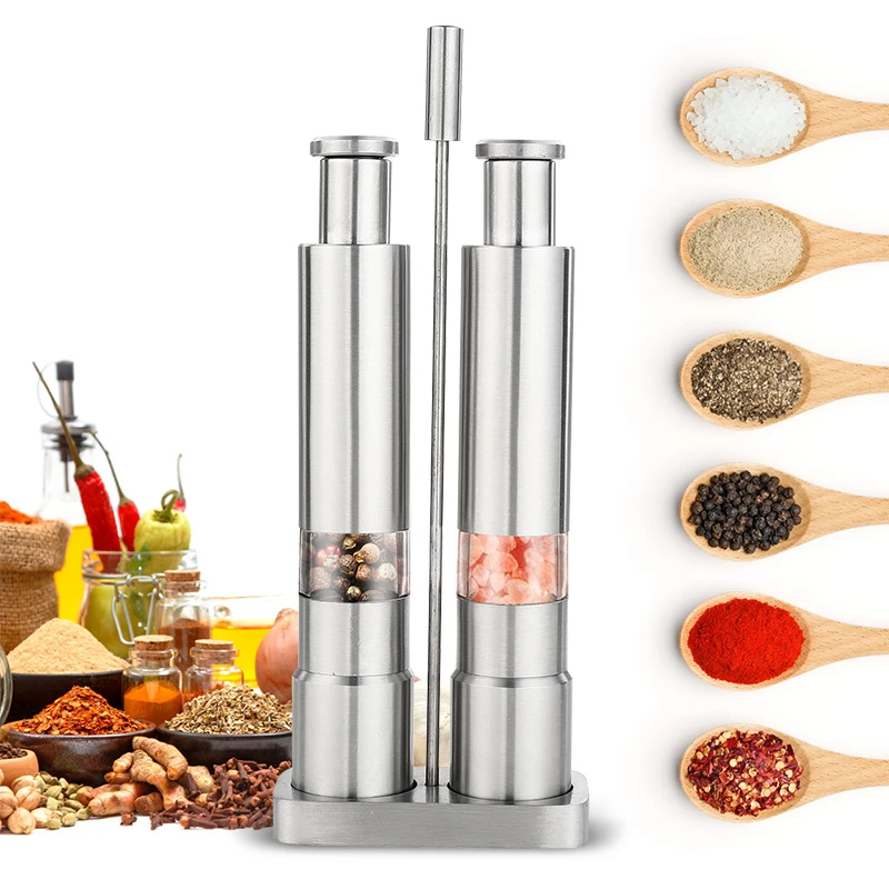 

Manual Salt and Pepper Grinder Set Thumb Push Pepper Mill Stainless Steel Spice Sauce Grinders With Metal Holder Kitchen Tools