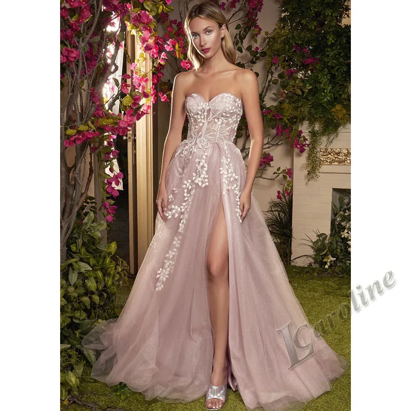 

Caroline Pink Sweetheart Evening Dress Bling Bling A-line Appliques Strapless Floor Length Princess Prom Gowns Party Custom Made