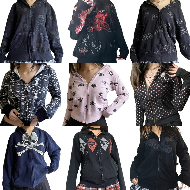 Mall Goth Skulls Print Retro Sweatshirts E-girl Gothic Dark Academia Emo Jackets Coats 00s Vintage Y2K Grunge Zip Up Hooides