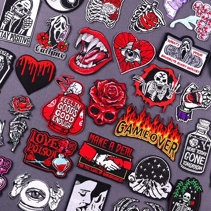 

Flame Rose Skull Patch Leatter Embroidered Patches On Clothes Stripes Iron On Patches For Clothing Skeleton Sticker On Backpack