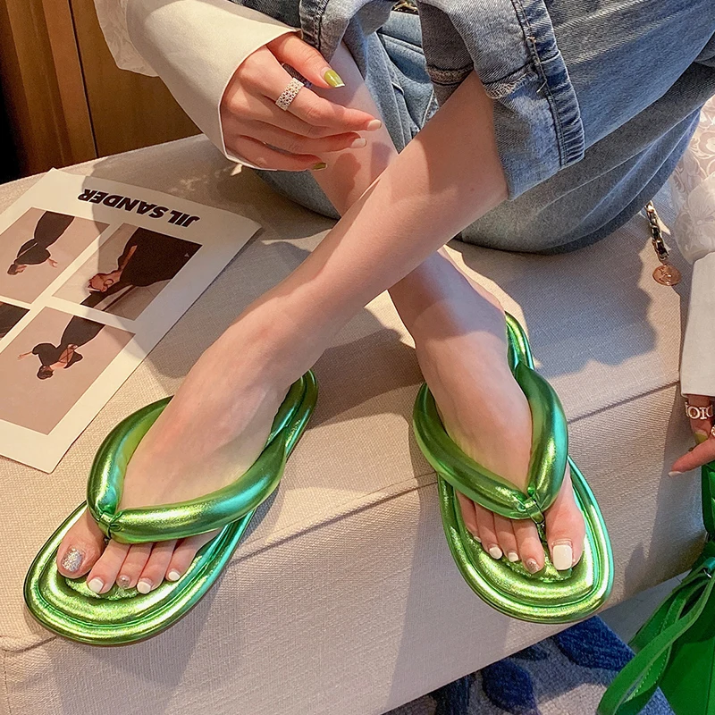 

Ladies Slippers Women Flip Flops 2022 New Summer Casual Outside Slides Beach Round Toe Female Rubber Shoes Gold Green Flats