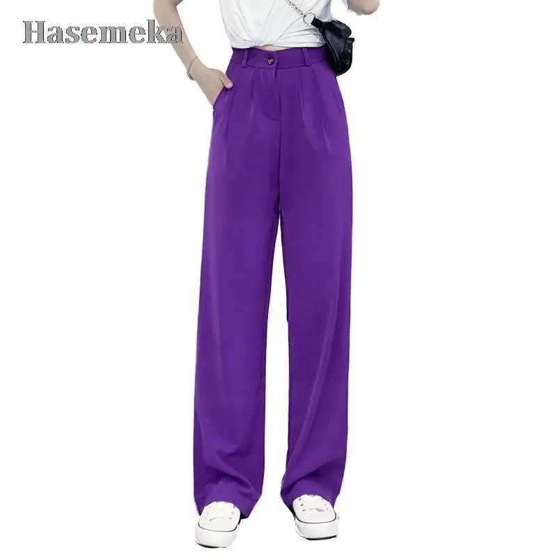 

High Waist Pants Women Full Length Elastic Waist Trousers Straight Wide Leg Korean Fashion Purple Sweatpants Joggers