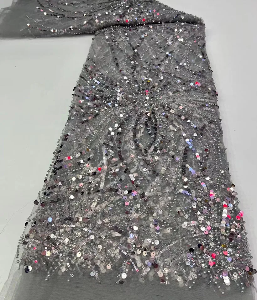 

Shiny Silver Sequins African Tulle Lace Fabric High Quality Fashion Evening Party Dress French Net Lace Fabric Nigerian Material