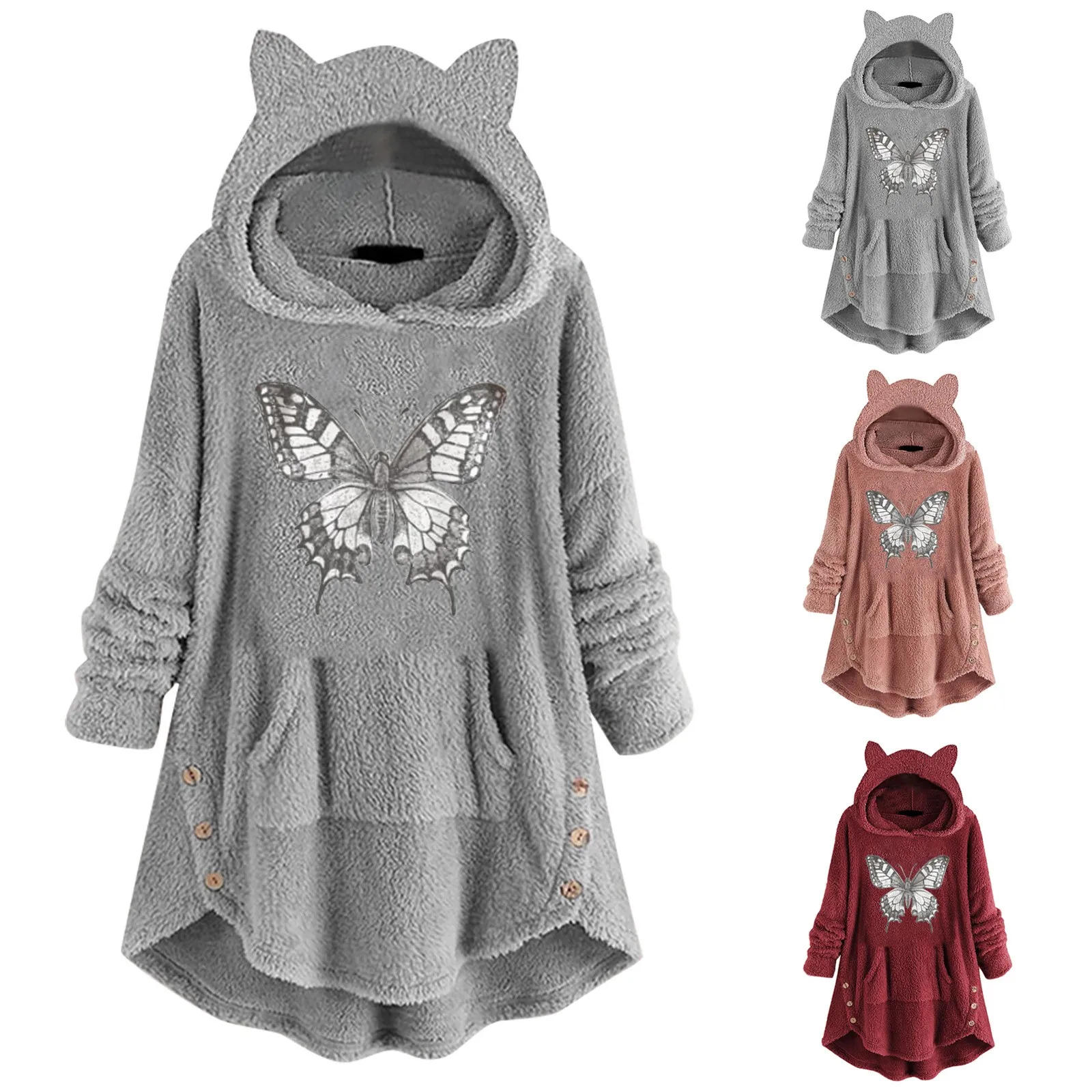 

Женская флисовая толстовка с длинным рукавом и кошачьими ушками