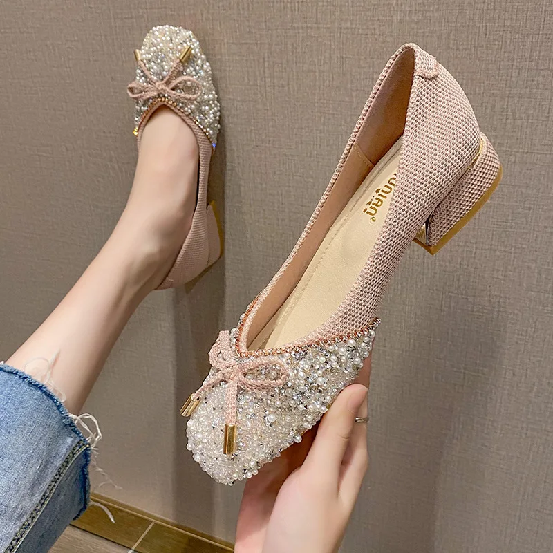 

3cm New Fashion Sequins Pumps with Rhinestone Low Heels Shallow Mouth Party for Women Shoes 41 42 43