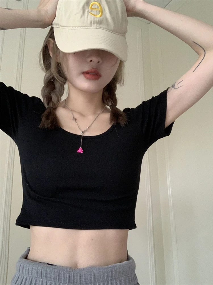 Short Sleeve T-shirts Women Crop Tops Sexy Kawaii Chic Korean Style Slim Streetwear Basic Y2k Mujer De Moda Good Vibes Ins Cool images - 6