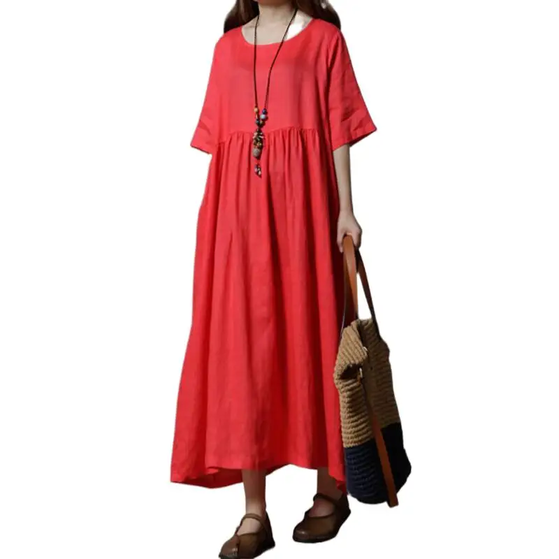 

Женское длинное винтажное платье из хлопка и льна, с круглым вырезом