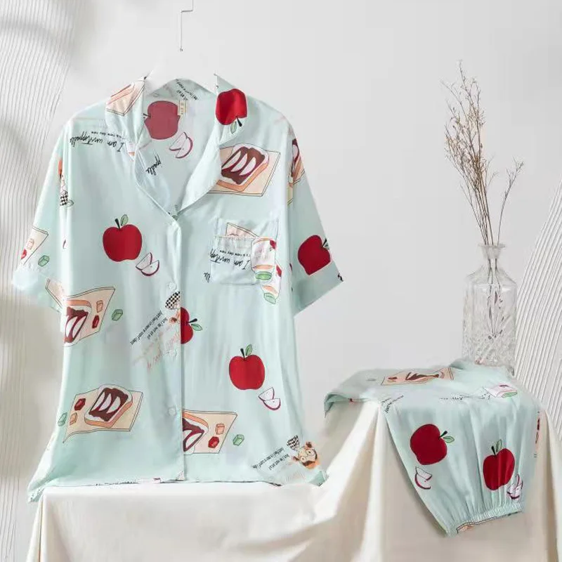 Fdfklak 2Pcs Women's Pajamas Sets Woman Pyjama Suit Summer Lapel Design Short Sleeve Trousers Set Home Clothes Floral Print