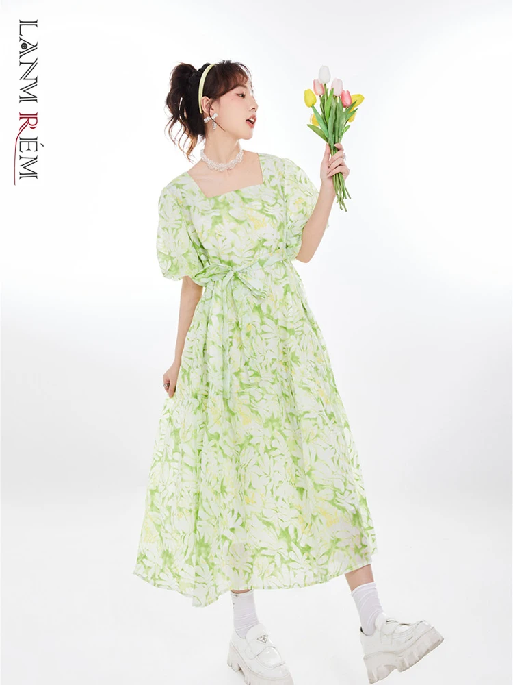 

LANMREM Green Flowers High Waist Dress Women 2022 Summer Short Sleeves Square Collar Female Chic Korean Style Dresses 2R1903