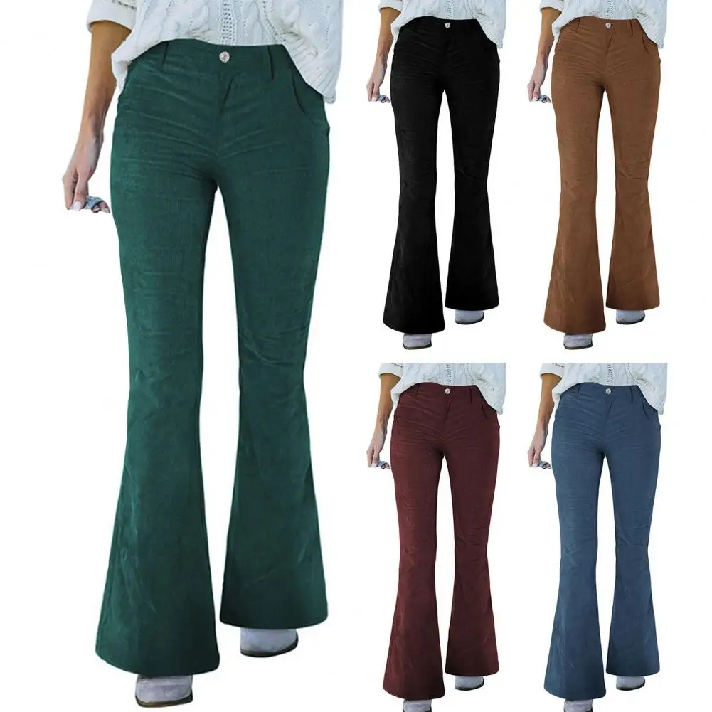 

Women Pants High Waist Flared Hem Bell-bottomed Pants Solid Color Button Zipper Closure Long Trousers Slim Fit Lady Casual Pants