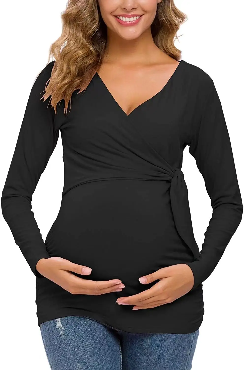 Maternity Shirt Long Sleeve Side Ruched Summer Tops Side Tie Bow Casual Pregnancy Clothes Breastfeeding V-Neck Sexy Tops enlarge