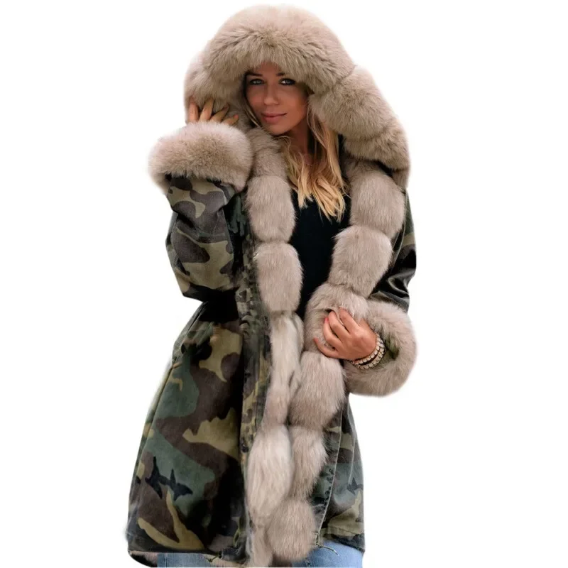 

Камуфляжное пальто, куртки с длинным меховым воротником, зимняя сохраняющая тепло трендовая теплая парка с хлопковой подкладкой, одежда, женские пальто, верхняя одежда