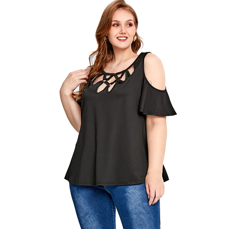 

Fashion Ladies Tops M-4XL Scoop Neck Cold Shoulder Tees Short Sleeve Solid Color Cutout Blouses Streetwear T-Shirt For Women