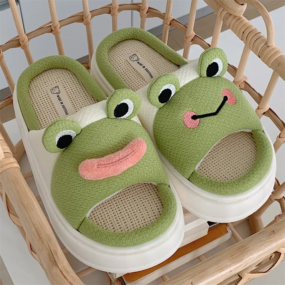 Women Slippers Fun Frog Shape Design Hemp Platform  Home Cotton Flax Ladies Casual Shoes Non-slip Bedroom Woman Slides Shoes