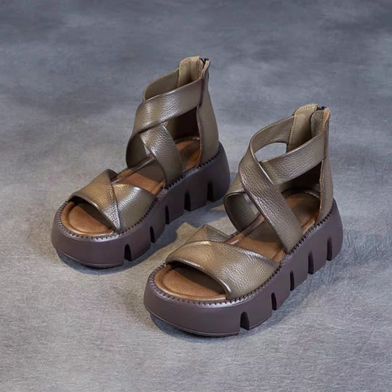 Handmade Retro Sandals Women Summer 2023 Cross Genuine Cow Leather Wedges Platform Gladiator Sandals Women Cool Boots
