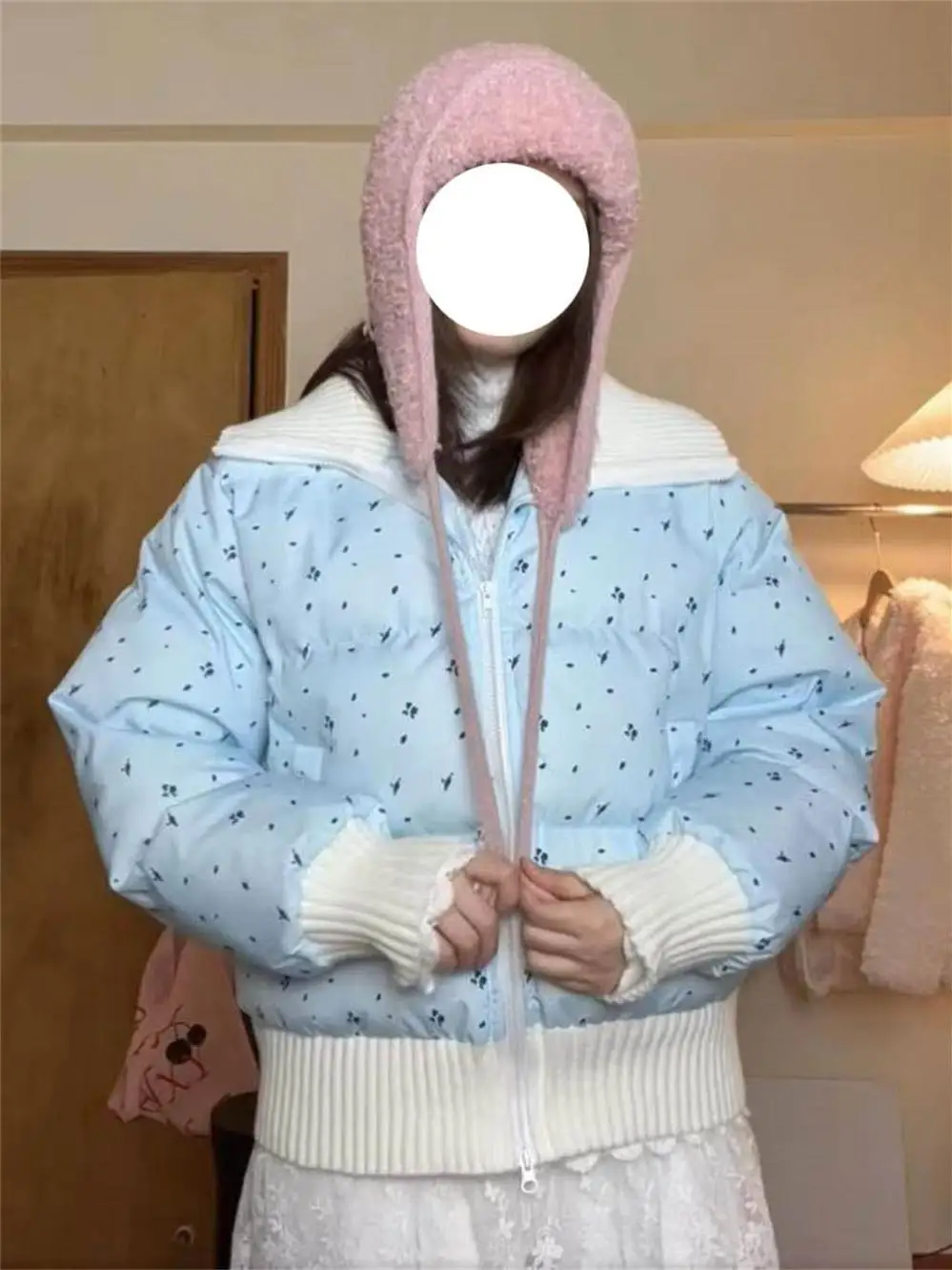 Sweet Preppy Small Floral Cotton-Padded Jacket for Women Winter Gentle Sle Milk Blue Patchwork Large Lapel Thickened Cotton... |