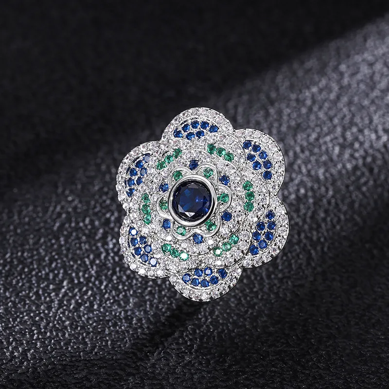 

925 Sterling Silver Retro Sapphire High Carbon Diamond Flower Luxury Woman Jewelry Adjustable Ring Wedding Party Friend Gifts