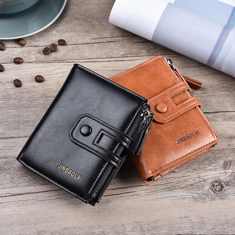 Men Wallets Leather Double Zipper Card Holder Short Male Purse Coin Pocket Vintage Brand High Quailty Men Wallets