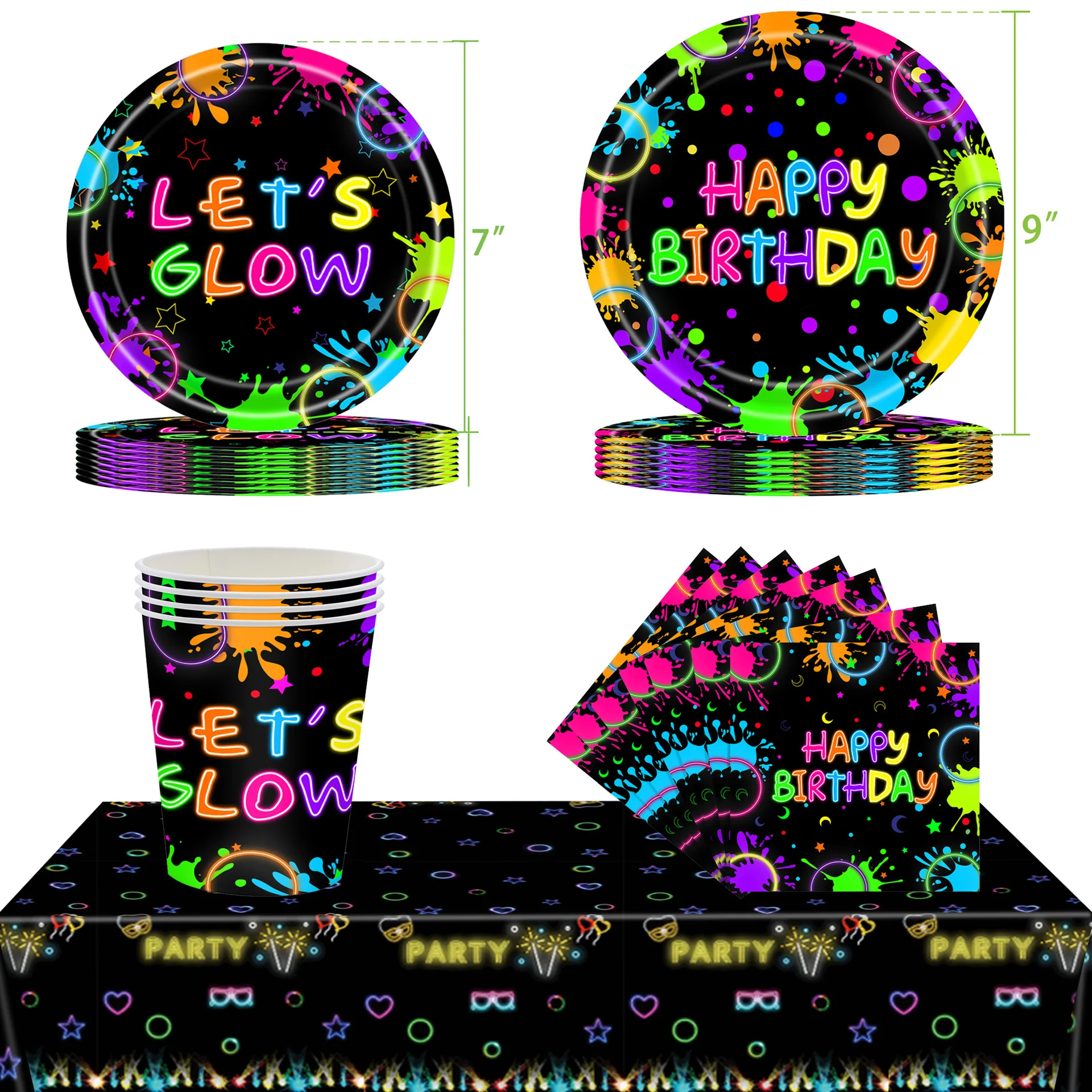 

Let's Glow In The Dark Party Tableware Tablecloths Cups Plates Banner Napkins straws Balloons Neon Glow Birthday Party Supplies