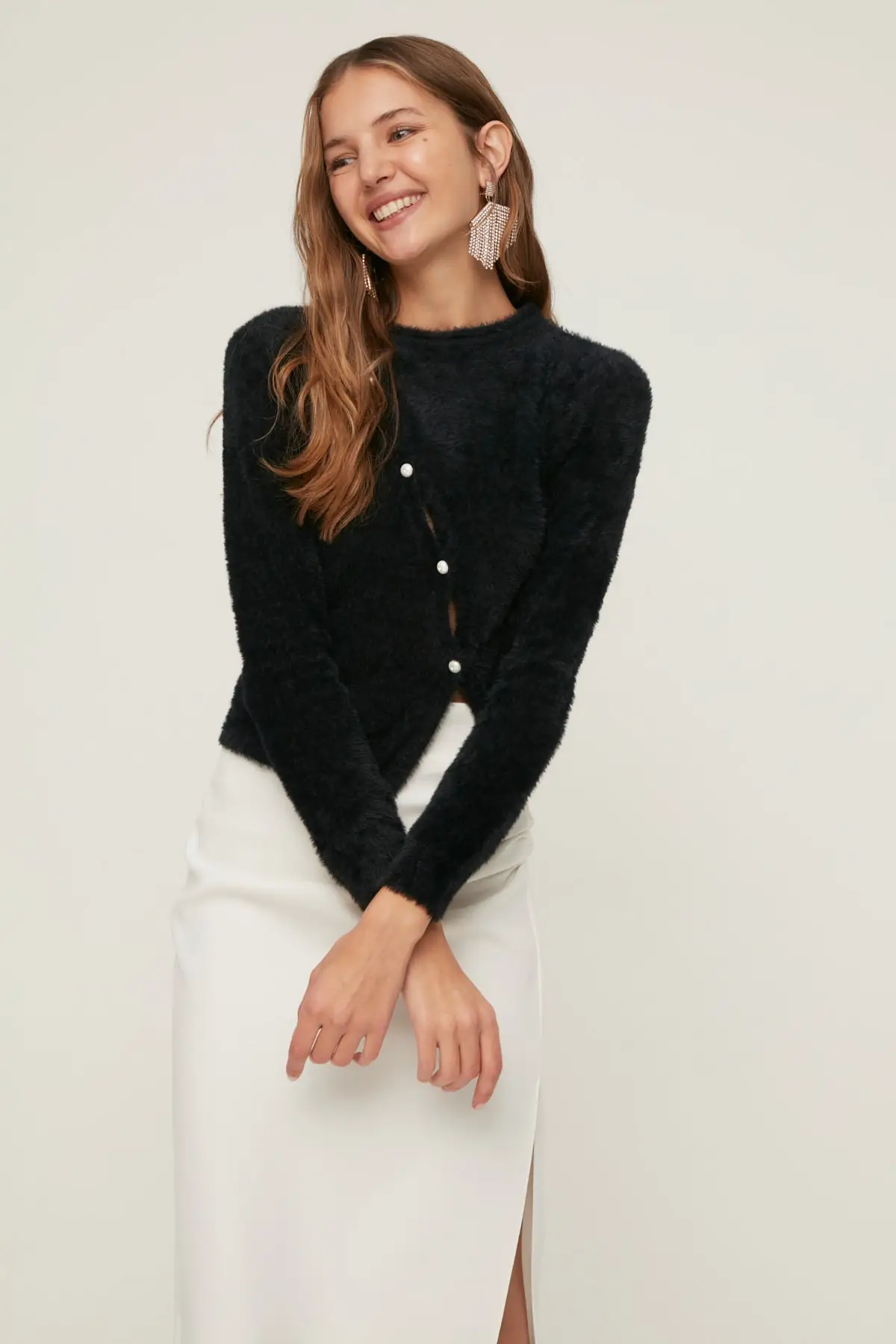 

Women's Cardigan Black Collar Detailed Casual Knitted Quality Fashion Cardigan Sweaters Loose Sweater Jumper