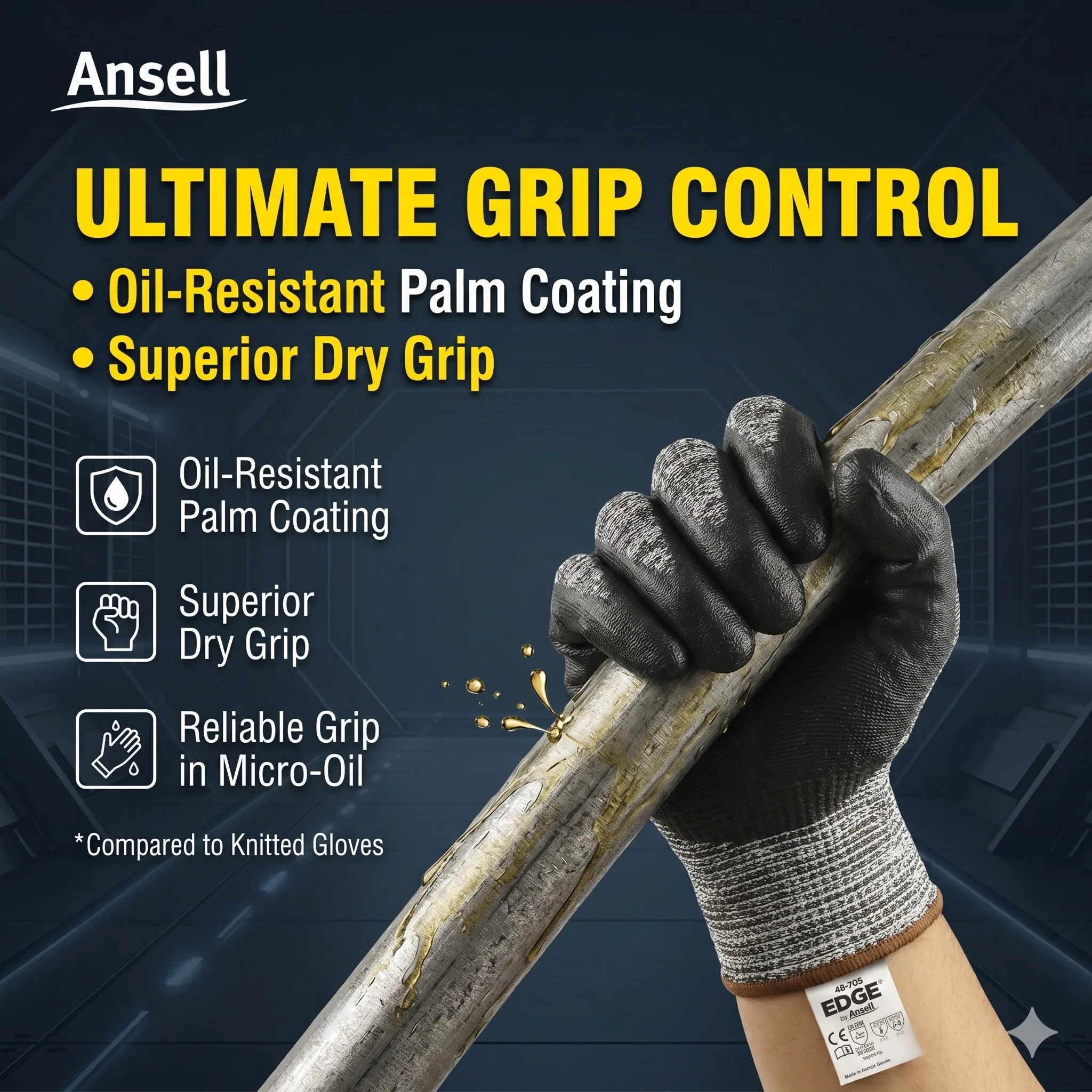 Фото Перчатки защитные Ansell 48-705 EDGE, устойчивые к порезам, из стекловолокна с полиуретановым покрытием, для мужчин и женщин, для промышленности №4