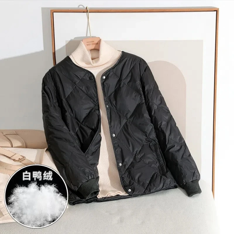 Down Jacket Womens Diamond-shaped Short Loose Thin White Duck Down Coat 2022 Autumn Winter New Fashion All-match Casual Parkas