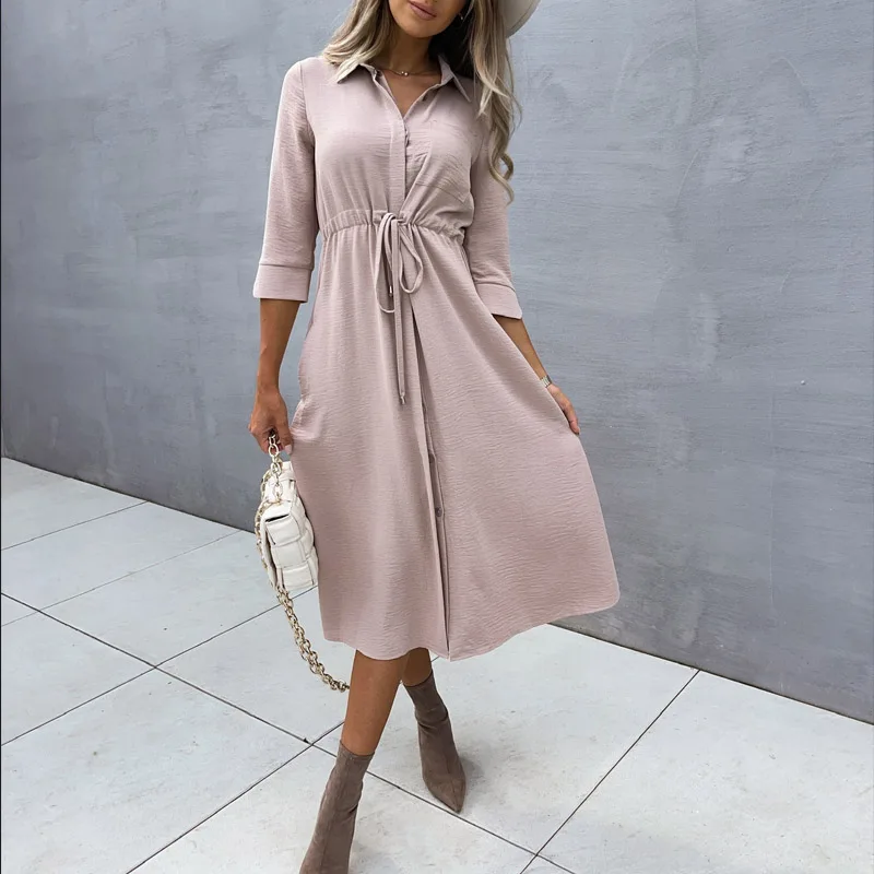 

Drawstring Long Sashes Drawstring Shirt Dress Pocket Design Button Front Shirt Dress New Light Pink Turn Down Neck
