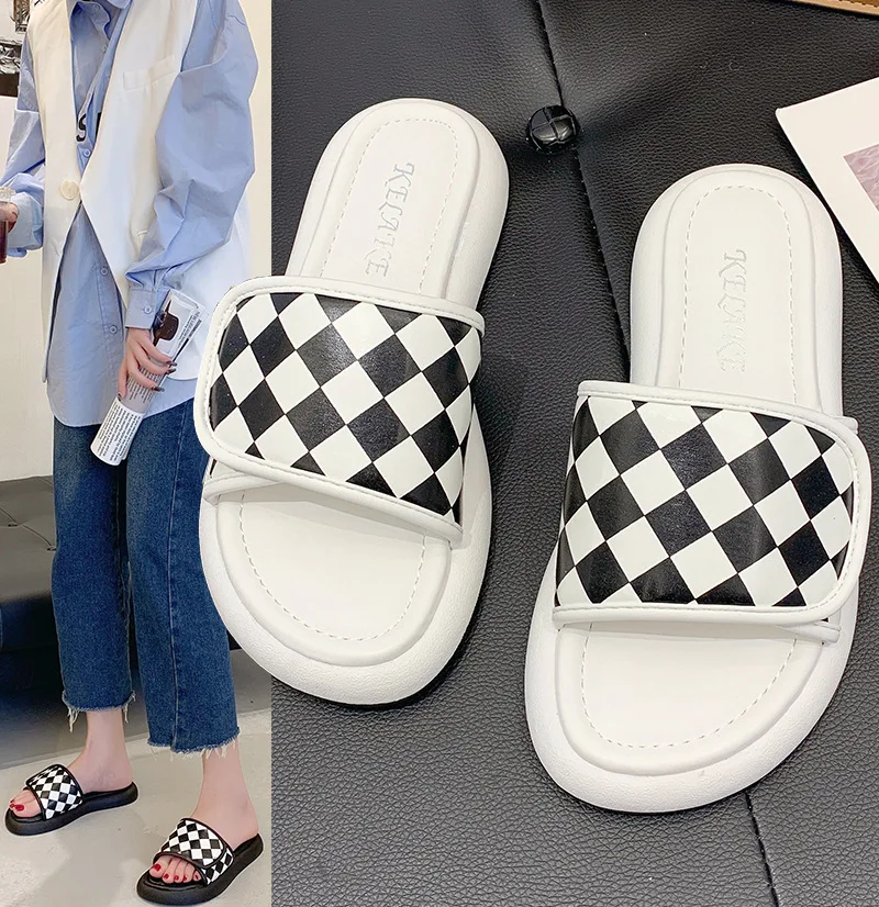 

2022 Korean Style Ins Style Platform Sandals Women's Outer Wear Spring and Summer Daily Rhombus Velcro Slippers Fashion Sandals