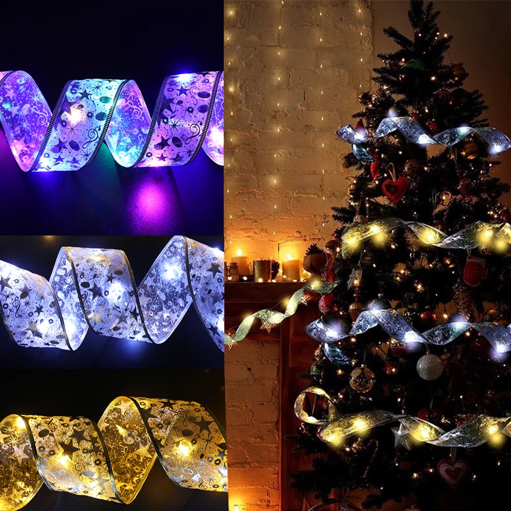 

1/2/5/10M New Christmas Ribbon with LED Lights Christmas Tree Accessories String Lights Decoration for Christmas New Year 2023
