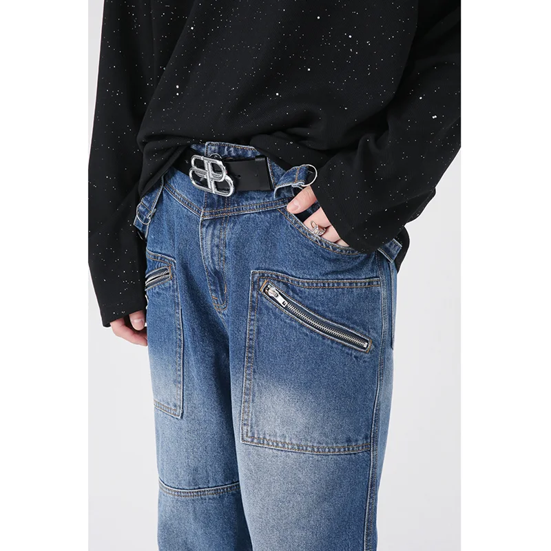 Men Clothing 2022 New Pattern Vintage Recreational Blue Jeans Loose Straight Cylinder Multiple Pockets Cargo Pants Autumn Female