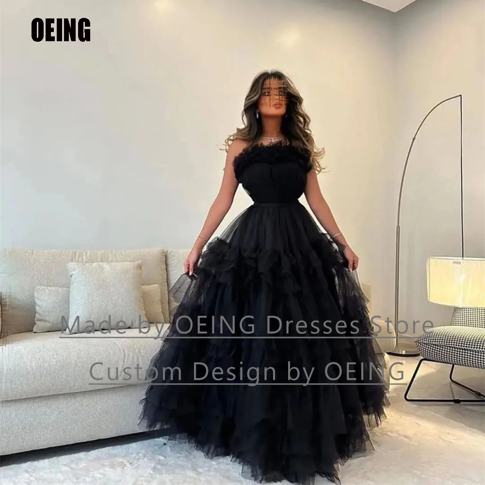 

OEING Black Tulle A Line Tiered Evening Dresses Strapless Arabic Women Formal Party Dress Elegant Prom Gown Special Occasion