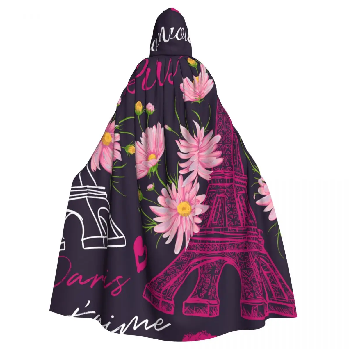 

Long Cape Cloak Vintage Eiffel Tower Kisses Hearts And Pink Chamomile Flowers In Watercolor Style Hooded Cloak Coat Hoodies