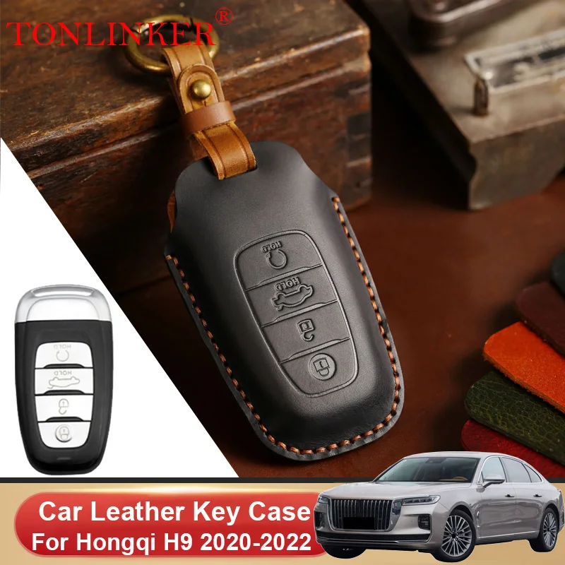 

TONLINKER Car Dedicated Leather Key Case For Hongqi H9 2020 2021 2022 Holder Shell Remote Cover Keychain Accessories