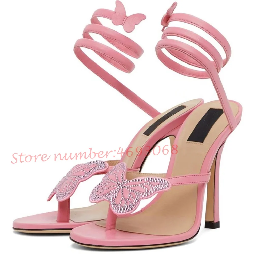 

Snake Strap Butterfly Thong Sandals Women Pink Crystal Stiletto Heels Ankle Wrap Bow Sandals Strappy Sweet Trend Female Sandals