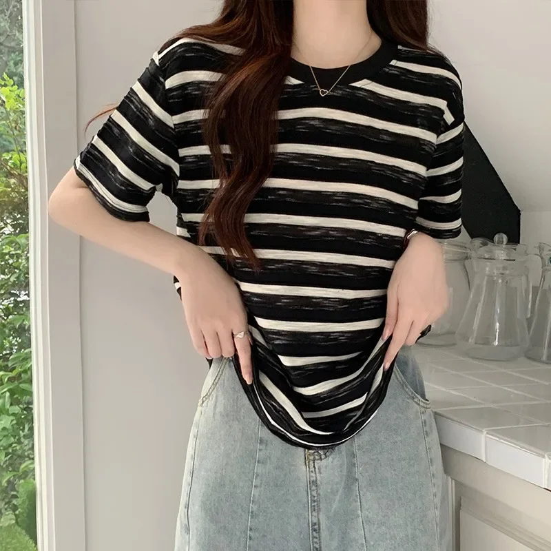 

Футболка женская в радужную полоску, с коротким рукавом, лето 2023, новинка, свободная розовая блузка в Корейском стиле, gray22