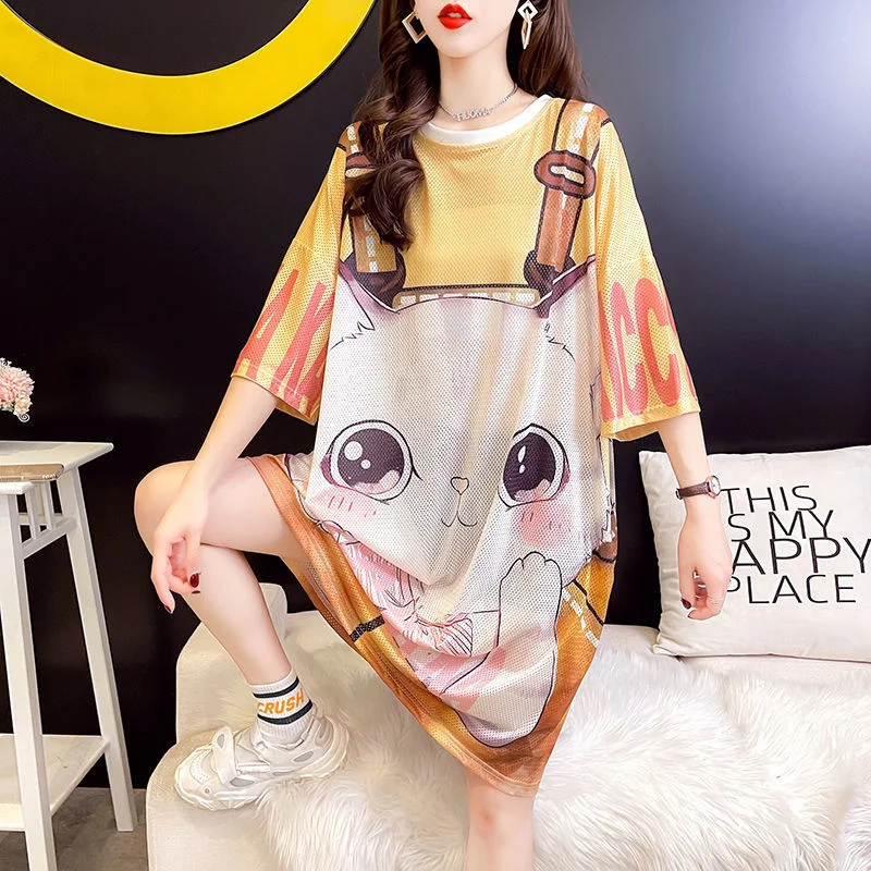 

Oversized T-shirt Dress Women Korean Mesh 2022 New Summer Loose Cartoon Cat Kawaii Print Large Size Short Sleeve Casual Top