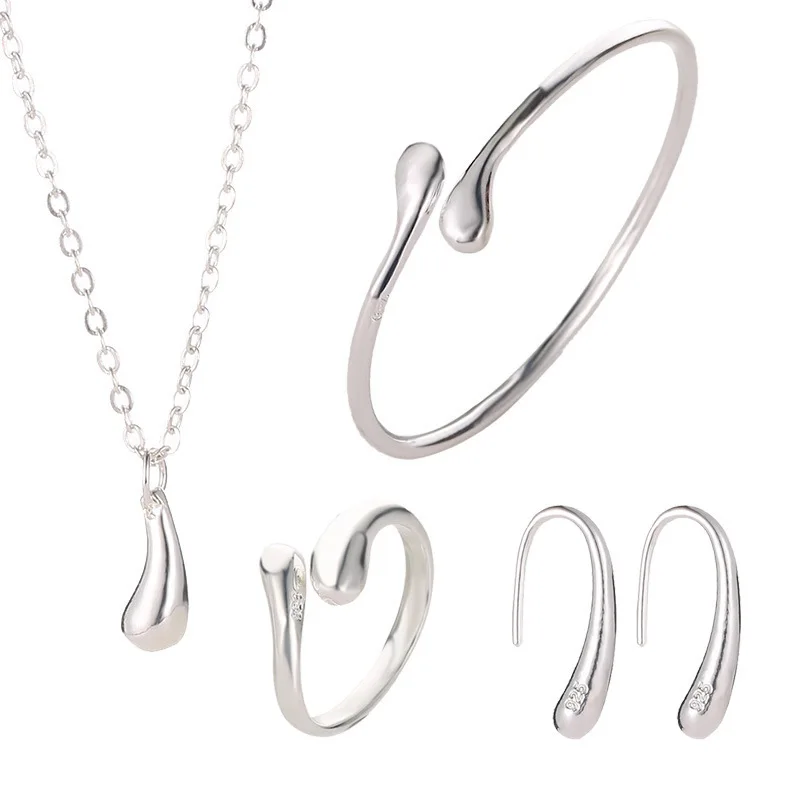 

Vintage Silver Color Necklace Earrings Bracelet Rings Jewelry Set For Women Girls Wedding Engagement Anniversary Gift Wholesale