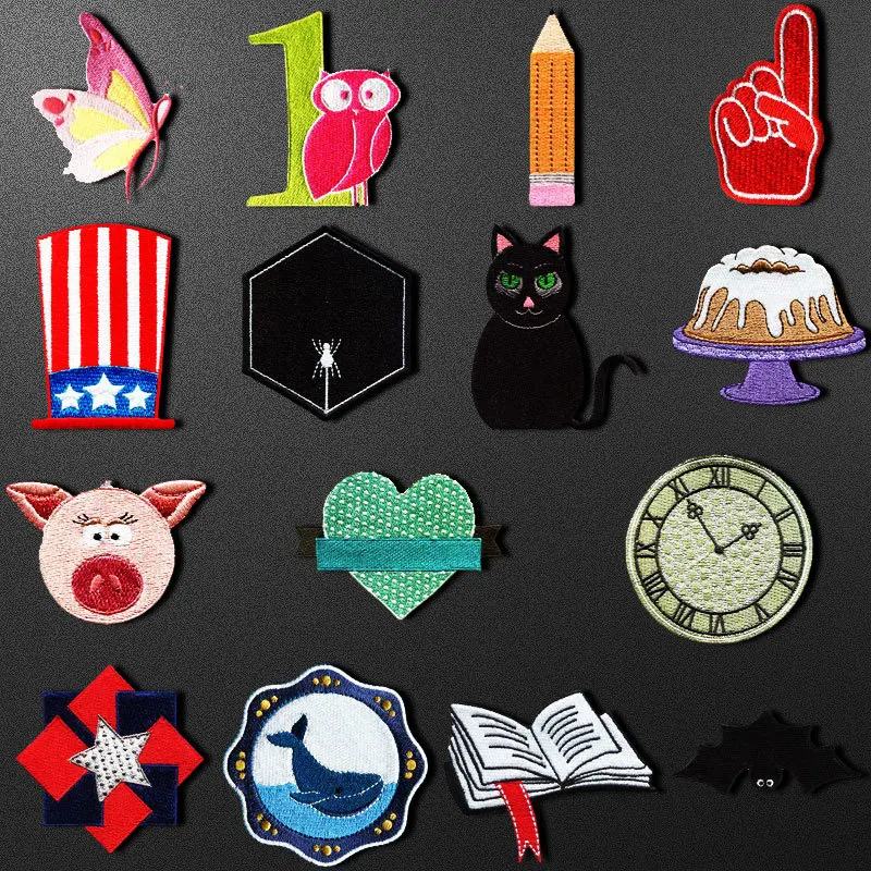 

Butterfly Owl Embroidery Patches For Clothing DIY Pencil Cake Clock Iron On Animal Patch Custom Patch Clothing decoration