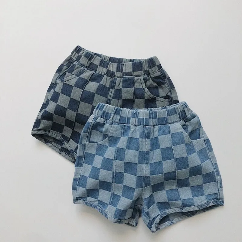 

2022 Summer New Arrival Boy Casual All-match Shorts Children Girl Retro Plaid Denim Short Pants For Toddler Clothes
