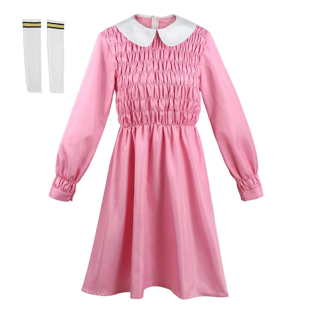 CalebFaith Movie Stranger Things 4 - Eleven Cosplay Costume Pink Dress Socks Carnival Party for Women Girls Outfit Daily Wear |