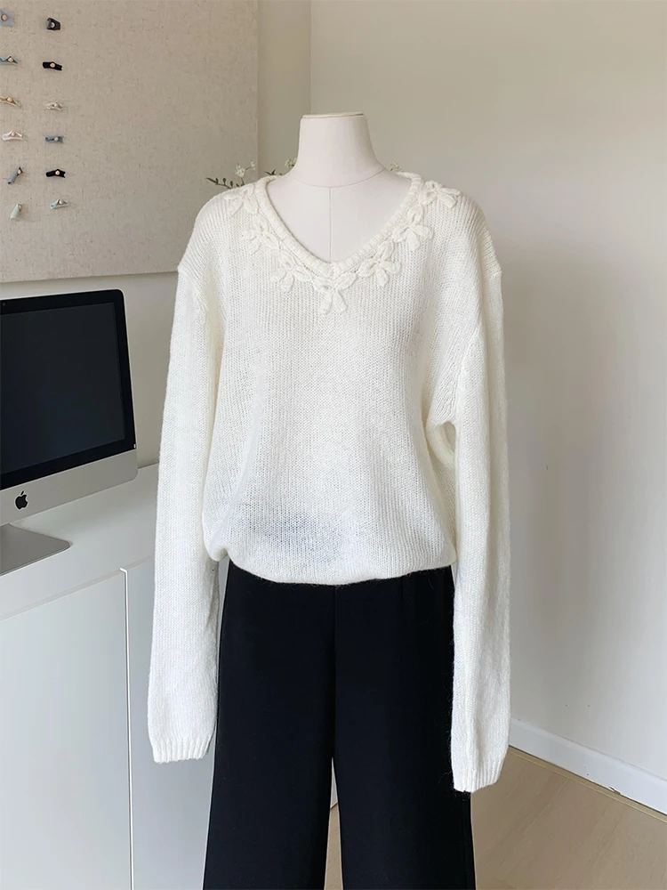 Женский белый пуловер вязаный свитер Harajuku Y2k кашемировый с длинными рукавами и