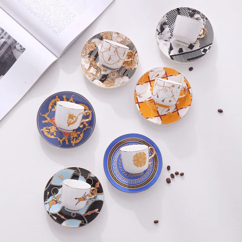 

Luxury Ceramic Coffee Tea Cups Saucer Set Turkish-style Espresso Mugs with Gold Handle Mini Cups With Gift Box Household